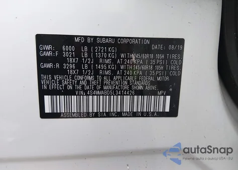 2020 Subaru Ascent Premium из США, поврежденный, VIN 4S4WMABD5L3414426